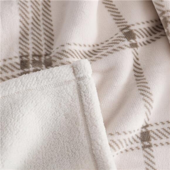 Reversible Velvet Plush and Faux Shearling Throw Blanket, Beige Plaid, Bedding - Picture 3 of 5
